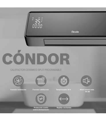 Fácula - Split Cerámico Programable Cóndor 1000/2000w | Calefacción+Ventilación | Temporizador 24h | Bloqueo teclado