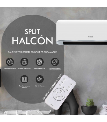 Fácula - Split Cerámico Programable Halcón | 2000w | Ventilación+Calefacción | Prog diaria/sem | Mando