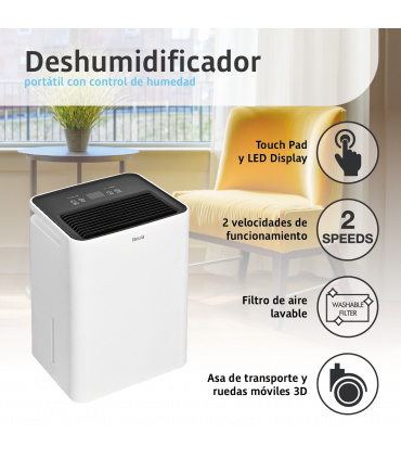 Fácula - Deshumidificador Siroco 12 l/día | Control Inteligente | Depósito extraíble 3,2l | Secado de Ropa | Temp 1-24h