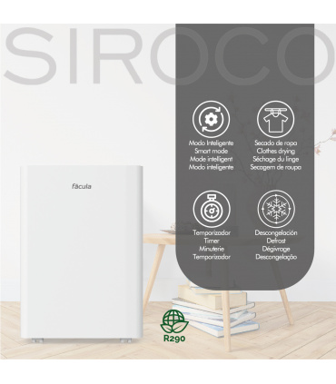 Fácula - Deshumidificador Siroco 12 l/día | Control Inteligente | Depósito extraíble 3,2l | Secado de Ropa | Temp 1-24h