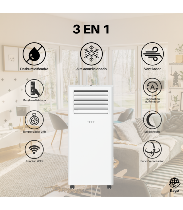 Fácula - Aire acondicionado portátil WiFi 3en1 Tibet 9000BTU | Ventilación+deshumidificación | Temporizador | Mando