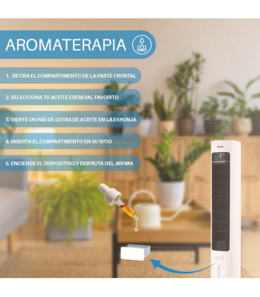 Fácula - Climatizador Evaporativo de Torre Glaciar | Depósito 3l | Aromaterapia | 3 velocidades | Temporizador | Mando