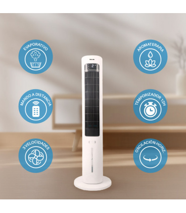 Fácula - Climatizador Evaporativo de Torre Glaciar | Depósito 3l | Aromaterapia | 3 velocidades | Temporizador | Mando