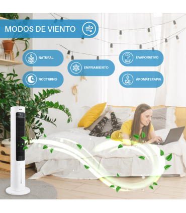 Fácula - Climatizador Evaporativo de Torre Glaciar | Depósito 3l | Aromaterapia | 3 velocidades | Temporizador | Mando
