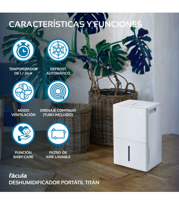 Fácula - Deshumidificador Titán 50 l/día | Modo Ventilación |  Depósito extraíble 6,5l | Secado de Ropa | Temp 1-24h